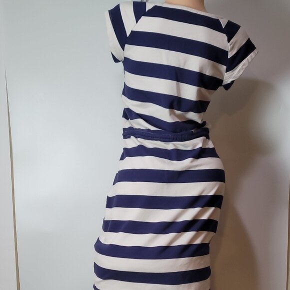 Navy & White Striped Casual Drawstring Waist Cotton Dress Short Sleeve Scoop Nec - Picture 4 of 14